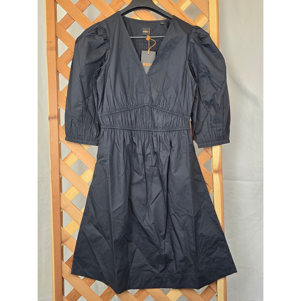 Boss C_Dezzan V-Neck Dress Womens 2 Black Puff Sleeve Cotton - NEW